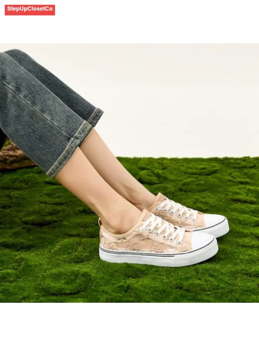 Women's Low-Top Lace-Up Mesh Canvas Sneakers with Embroidery Floral Design